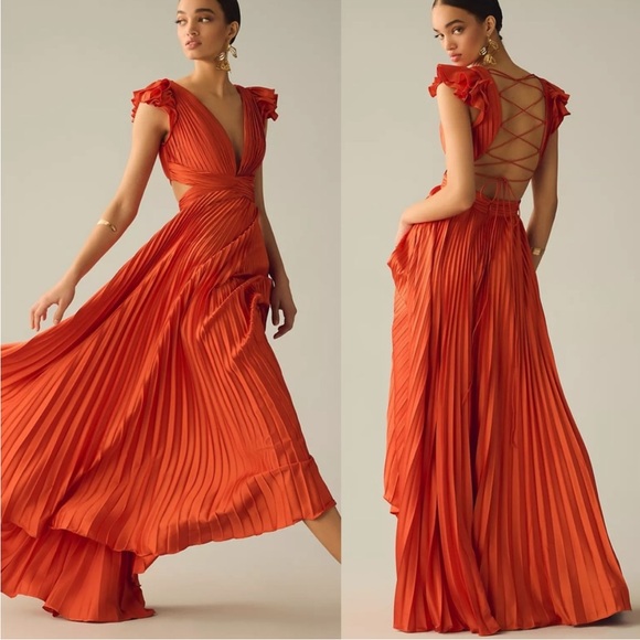 Mac Duggal x BHLDN Pleated Flutter Sleeve 6 Tangerine...